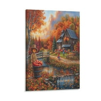 Autumn Cabin Fall Forest Lake Tree Leaves Canvas Wall Art for Bedroom Thanksgiving Seasonal Holiday Canvas Wall Art Pictures Wall Decorations for Bedroom Canvas Prints 8x12inch Framed Artwork