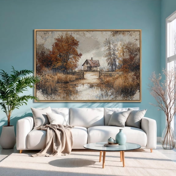 Autumn Cabin Landscape Poster: Rustic Countryside Wall Art, Unframed Canvas Size 24x36