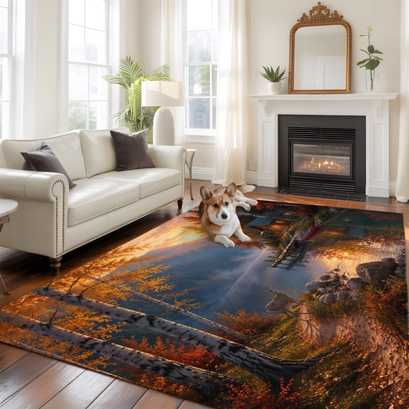 Autumn Cabin Large Area Rugs 8x10ft Rustic Country Deer Lake Pine Tree Sunset Landscape Washable Rug, Non Slip Indoor Carpet Absorbent Floor Mat for Living Room Bedroom Dining Room