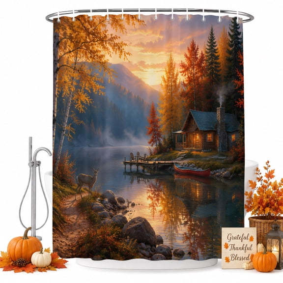 Autumn Cabin Shower Curtain for Bathroom, Rustic Country Deer Lake Pine Tree Sunset Landscape Waterproof Cloth Fabric Bathroom Accessories Set with 12 Rust Proof Plastic Hooks, 72"x78"