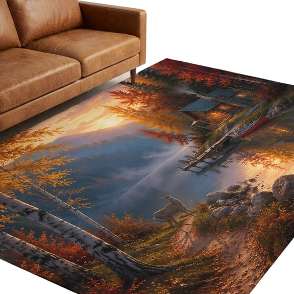 Autumn Cabin Washable Area Rug 5 x 8 ft Rustic Country Deer Lake Pine Tree Sunset Landscape Soft Non‑Slip Rugs Stain Repellent Indoor Mats for Spacious Family Room, Long Dining‑Table, Sunroom