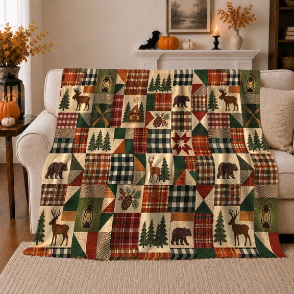 Autumn Cabin Wildlife Patchwork Pattern, Peaceful Mountain Lake Scene, Warm Flannel Blanket for Cabin and Lodge, Outdoor Lovers autumn celebration Gift, Festive Home Decor
