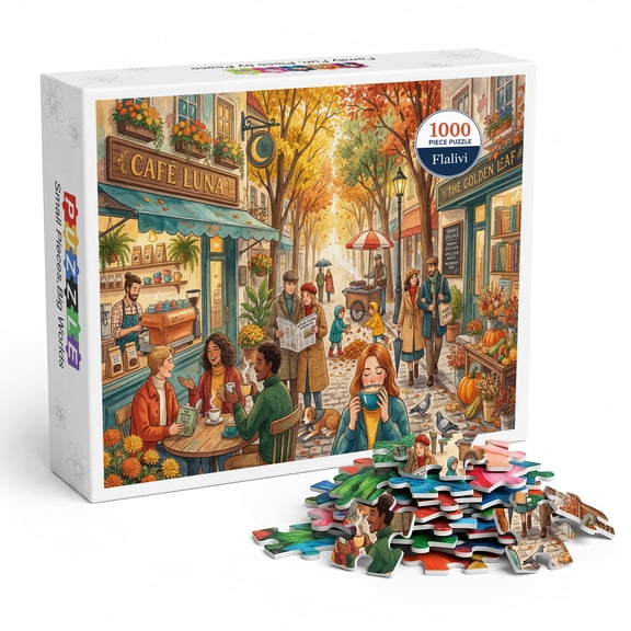 Autumn Café Street Jigsaw Puzzle for Adults 1000 Pieces, Cozy Fall Town Illustration, Premium Thick Cardboard with Matte Finish, Perfect Gift for Coffee Lovers and Puzzle Enthusiasts
