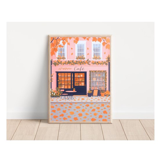 Autumn Cafe Art Poster: Cozy European Coffee Shop Scene, Unframed Poster Size 24x36