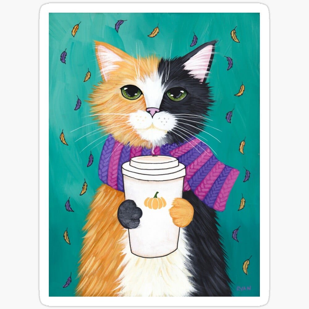 Autumn Calico Coffee Cat Sticker Phone Decal Water Bottle Stickers Car ...
