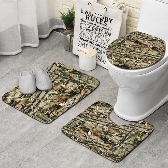 Autumn Camo Tree Branches Pattern Bathroom Rugs Sets 3 Piece,Toilet Cover Set,Absorbent Non Slip Bathroom Mats Sets with U-Shaped Contour Rug Toilet Rug Set