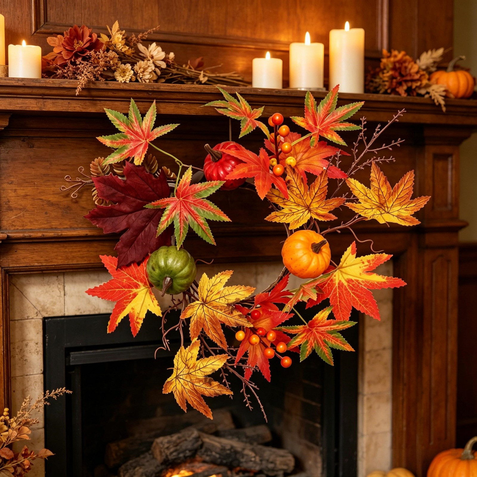 Autumn Candle Ring Pumpkin Berry Maple Leaf Wreath Centerpiece Autumn Candle Ring Pumpkin Berry Maple Leaf Wreath Centerpiece