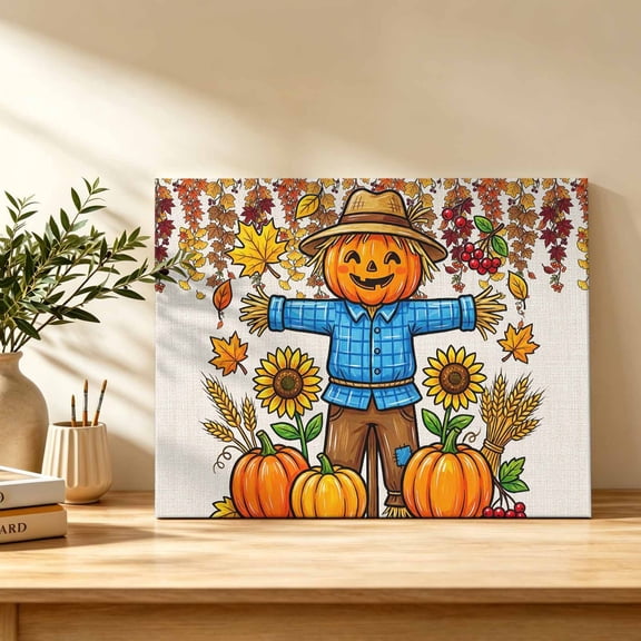 Autumn Canvas Wall Art, Harvest Cartoon Scerecrow Pumpkin Sunflower Maple Leaf Wall Art Prints Artwork Framed Canvas Ready to Hang Art Pictures for Bathroom Bedroom Entry Desk Corner 10" x 8"