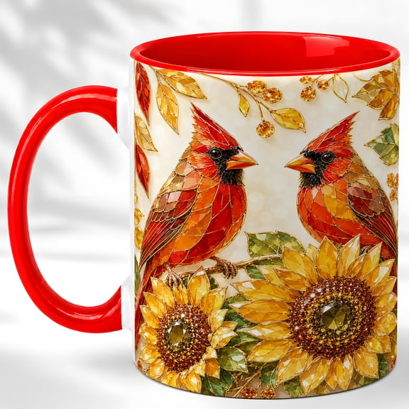 Autumn Cardinal Coffee Mug, Fall Sunflower Mug, Ceramic 11 oz