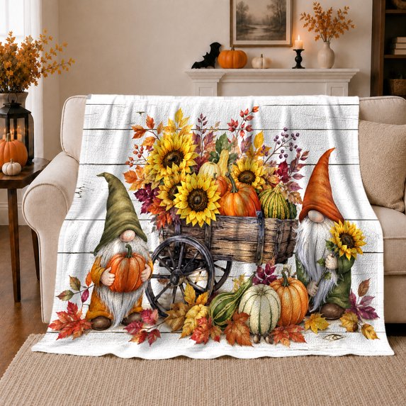 Autumn Cart Gnomes Sunflowers Rustic Farmhouse, Cozy Friendship Quote Scene, Warm Flannel Blanket for Ranch House and Living Room, Art Lovers Thanksgiving Gift, Artistic Home Decor