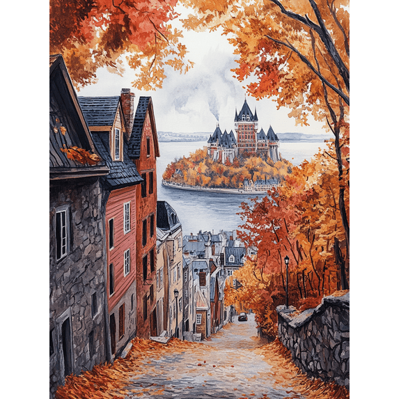 Autumn Castle Town Watercolor Wall Art/Canvas Print, Suitable for Living Room, Bedroom, Dining Room, Office, Hallway Decoration