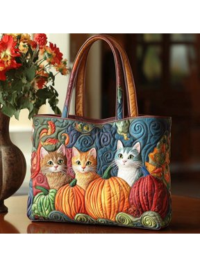 Autumn Cat Charm Quilted Tote Bag, Women Quilted Tote Bag, Handmade Patchwork Tote, Women Shoulder Bag, Gift For Her