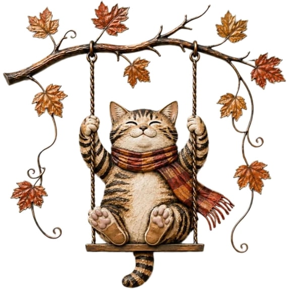 Autumn Cat Metal Wall Decor, Fall Cat Metal Tin Sign Plaque, Swing Cat ...