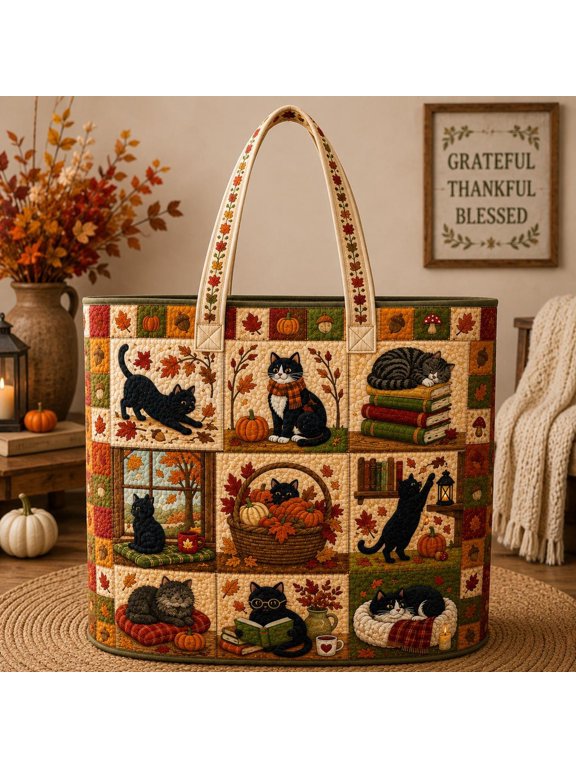 Autumn Cat Quilted Tote Bag, Cozy Fall Cat Lover Tote, Pumpkin Books Patchwork Bag, Cute Black Cat Gift Tote SRD-UYM49