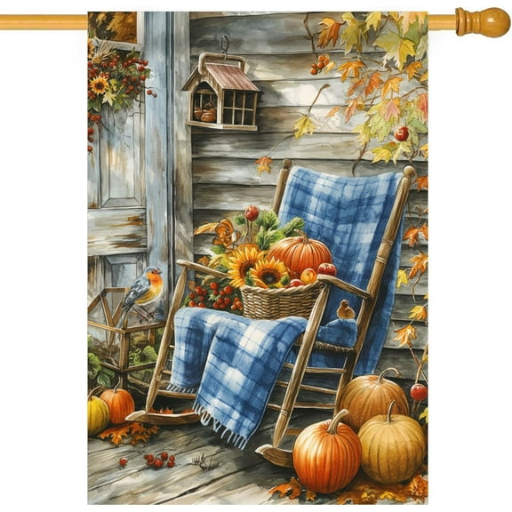 Autumn Chair Fall Flag Pumpkin Blue White Blanket Seasonal Maple leaves Sunflower Outside Farmhouse Decoration (Chair-28×40 inch)