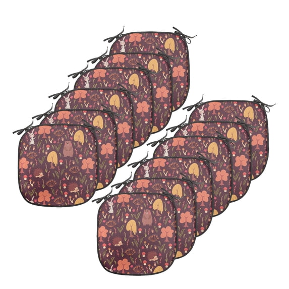 Autumn Chair Seating Cushion Set of 12, Funny Forest Animals Fall Buddies Bear Rabbit Hedgehog Woodland Friends, Seat Pads with Anti-slip Backing, 16"x16", Maroon and Multicolor, by Ambesonne