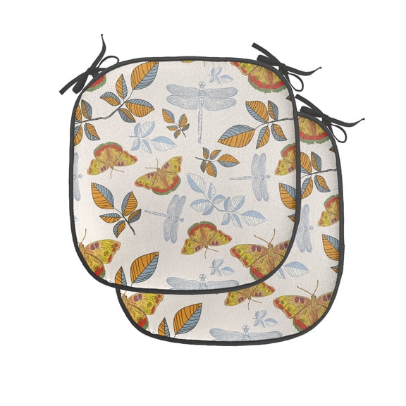Autumn Chair Seating Cushion Set of 2, Butterfly Leaves Dragon Fly Flora Insects Romantic Season Illustration, Seat Pads for Office with Anti-slip Backing, 16"x16", Eggshell and Marigold, by Ambesonne