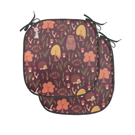 Autumn Chair Seating Cushion Set of 2, Funny Forest Animals Fall Buddies Bear Rabbit Hedgehog Woodland Friends, Seat Pads with Anti-slip Backing, 16"x16", Maroon and Multicolor, by Ambesonne