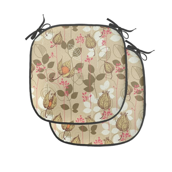 Autumn Chair Seating Cushion Set of 4, Seasonal Fruits and Leafs Vintage Botanical Print Soft Brown Toned Backdrop, Seat Pads for Office with Anti-slip Backing, 16"x16", Sepia Multicolor, by Ambesonne