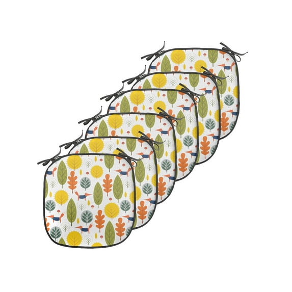 Autumn Chair Seating Cushion Set of 6, Colorful Red Fox on the Season at Forest Orange Leaves Composition Art, Seat Pads for Office with Anti-slip Backing, 16"x16", White and Multicolor, by Ambesonne