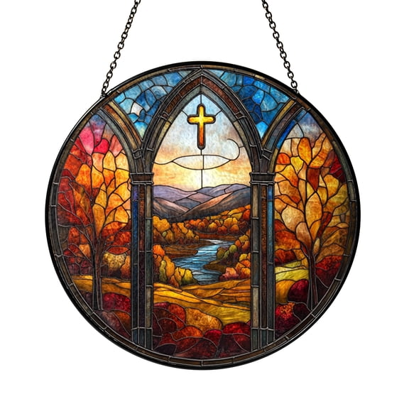 Autumn Chapel Gothic Stained Glass Suncatcher Window Hanging, Spiritual Fall Landscape Decor