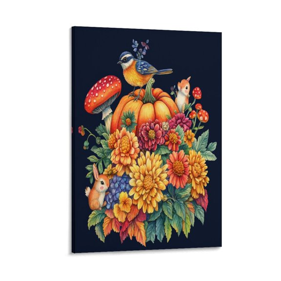 Autumn Charm Fall Pumpkins Flowers Artwork Wall Art For Kitchen Thanksgiving Farmhouse Autumn Canvas Prints Wall Art Artwork Canvas Print Pictures For Gifts Canvas Print 12x18inch Framed Artwork