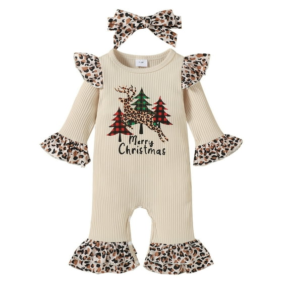 Autumn Christmas Infant Baby Girls Boys Leopard Print Clothes Set 3M 6M 9M 12M 18M Long Flared Sleeve Jumpsuit+ Headband Xmas Suit