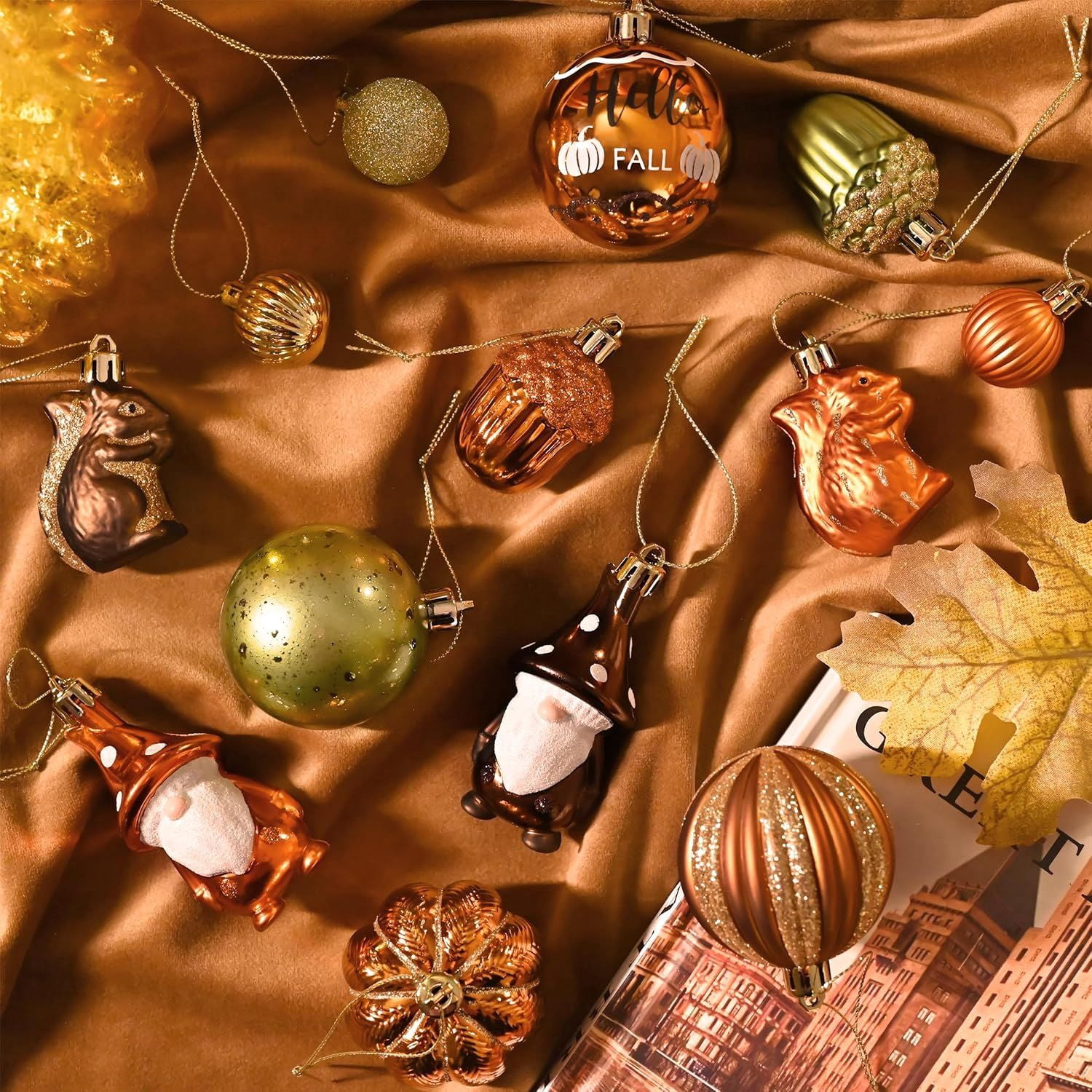 Autumn Christmas Tree Ornaments Set Hello Fall with Acorns Squirrels Pumpkins