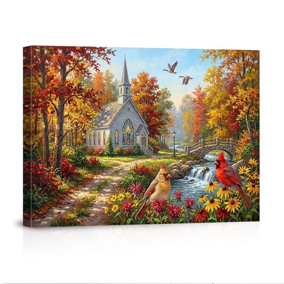 Autumn Church Cardinal Bird Stream Style Country Landscape USA Made Canvas