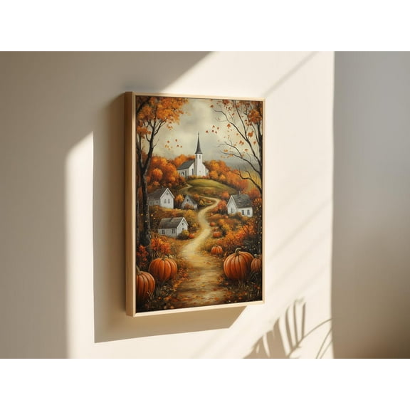 Autumn Church Scene Wall Art - Rustic Pathway With Pumpkins, Fall Foliage, And White Chapel In Warm Harvest Colors Wall Art, Modern Wall Decor, 8x12 UNFRAMED