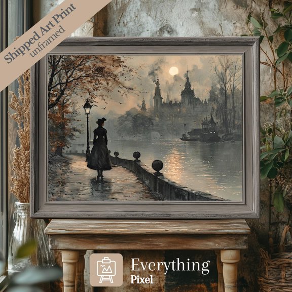 Autumn Cityscape Art Print Poster, Moody Woman by River, Size 24x36 UNFFRAMED F03.1.6l1421