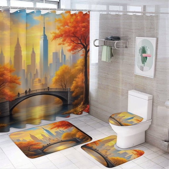 Autumn Cityscape Bridge Painting Shower Curtain Waterproof Bathroom Curtain Set with Hooks Home Decor Bathroom Curtains 4pcs