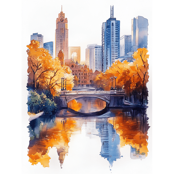 Autumn Cityscape Bridge Watercolor Painting/Canvas Print Suitable for Living Room Bedroom Office Dining Room and Hallway Decoration.