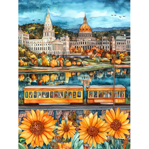 Autumn Cityscape Train and Sunflower Canvas Art Print Perfect for Living RoomOffice Dining Room and Hallway Decoration.