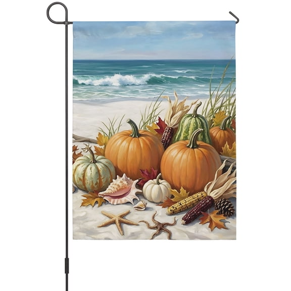 Autumn Coastal Garden Flag 12 x 18 Inches, Thanksgiving Beach Starfish Pumpkin Seashell Weather Proof Outdoor Patio Flags Double Sided Small Garden Decoration for Yard Outside Home