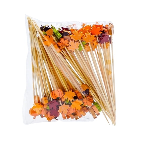 Autumn Skewers Maple Leaf Pumpkin Acorn Decor Natural Wood Toothpick for Thanksgiving Fall Party Appetizer Fruit Drink Garnish