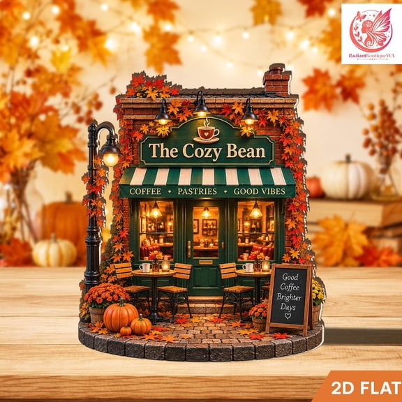 Autumn Coffee Shop Wooden Block, Cozy Cafe Scene Decor, Fall Tabletop Display, 2D Flat