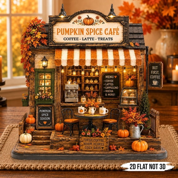 Autumn Coffee Shop Wooden Block, Fall Café Shelf Decor, Rustic Harvest Village House, Cozy Thanksgiving Gift
