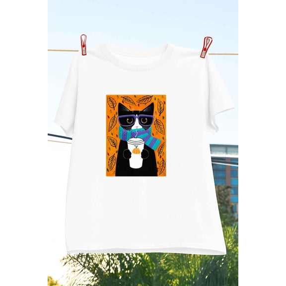Autumn Coffee Tuxedo Cat Graphic Unisex T-Shirt up to 5XL