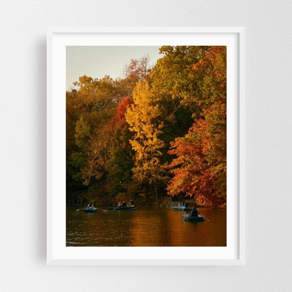 Autumn Color at The Lake, Central Park 02 - Manhattan New York Photography Autumn Boat Nature Scenic Landscape Forest Water White Framed Wall Art Print 12 x 16 inches