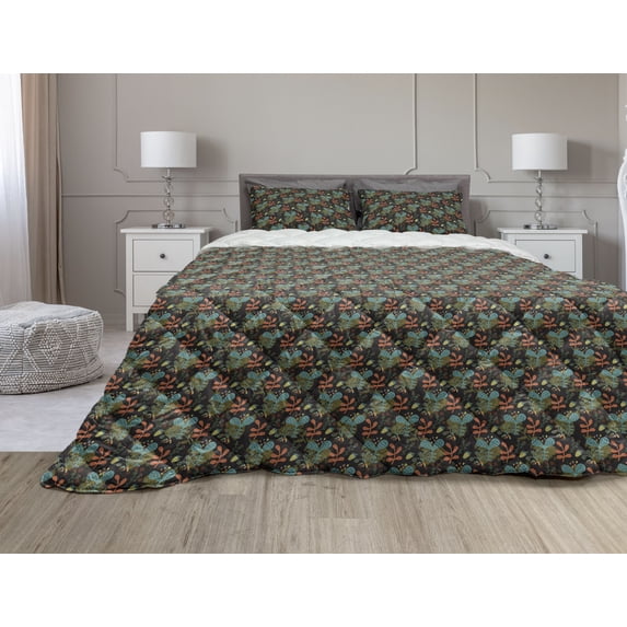 Autumn Comforter & Sham Bedding Set, Vibrant Tones Scandinavian Pattern Leaves Art Print Illustration, 3 pcs Duvet Set Microfiber Filling Quilt, 5 Sizes, Burnt Sienna and Teal, by Ambesonne