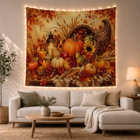 Autumn Cornucopia with Pumpkins and Candles, Cozy Vintage for Nature Lovers, Harvest Wall Art, Thanksgiving Hostess Gift, Tapestry Wall Hanging for Den and Living Room