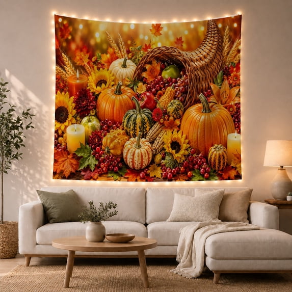 Autumn Cornucopia Still Life in Golden Amber Bokeh Light, Cozy Rustic for Harvest Lovers, Pumpkin and Fruit Art, Thanksgiving Gift Tapestry Wall Hanging for Kitchen and Dining Room