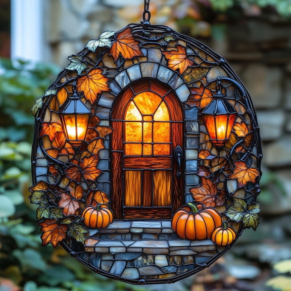 Autumn Cottage Door Acrylic Suncatcher, Cozy Porch Faux Stained Glass Suncatcher Window Hanging With Lanterns, Pumpkins And Fall Leaves