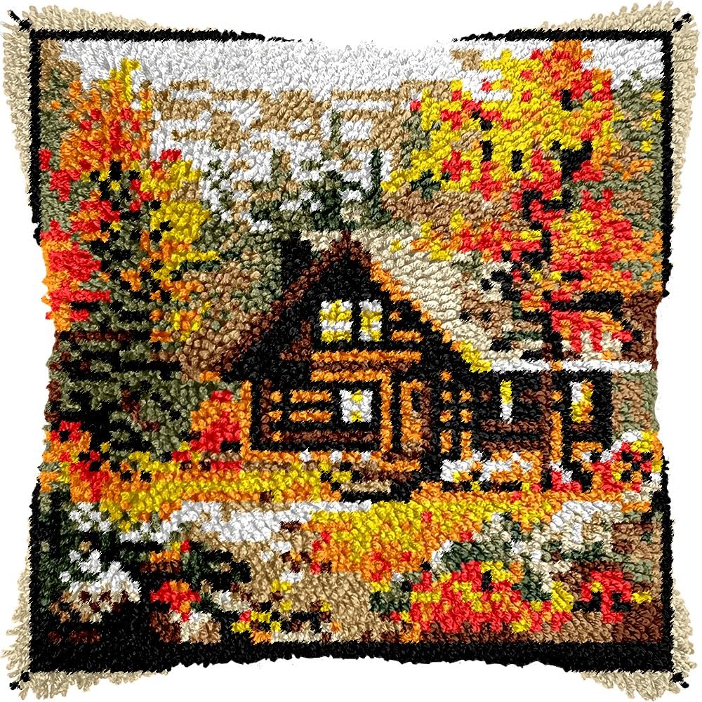 Autumn Cottage House Latch Hook Pillow Kits for DIY Handmade Throw Pillow Cushion Embroidery Latch Hooking Pillowcase Kits with Preprinted Canvas Crochet Yarn Kits 17''X 17''(g98)