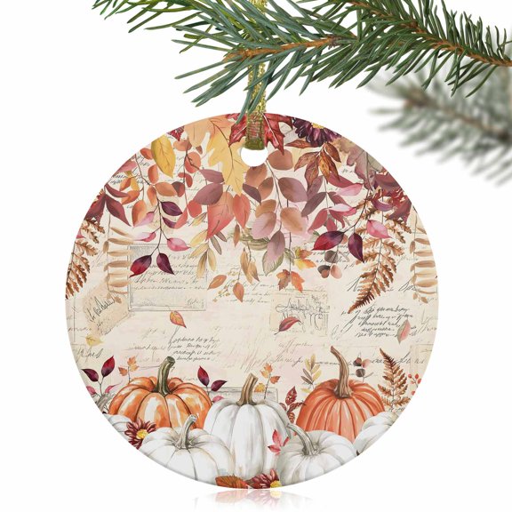 Autumn Country Pumpkins on Letter Christmas Ceramic Ornament 2025,3" Round Xmas Tree Hanging Accessories with Gold Ribbon
