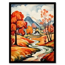 Autumn Countryside Landscape Watercolour Painting Orange Green Blue River Leading to Country House Village Art Print Framed Poster Wall Decor 12x16 inch