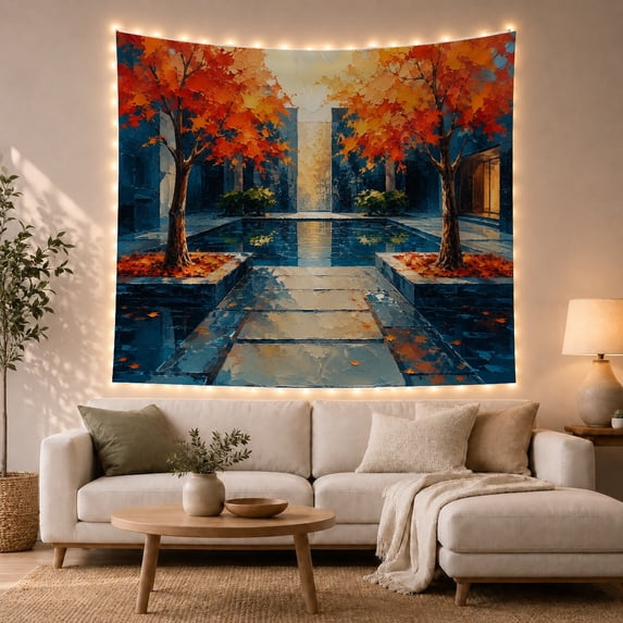 Autumn Courtyard with Red Trees and Reflective Pools, Serene Watercolor for Nature Lovers, Scenic Landscape Art, Thanksgiving Gift, Tapestry Wall Hanging for Living Room and Bedroom