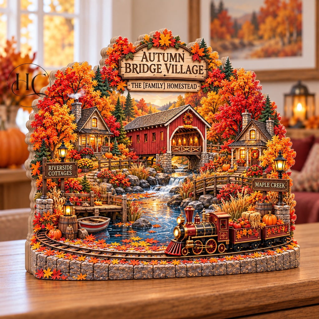 Autumn Covered Bridge Village Tabletop Decoration, Fall Mantel Display ...