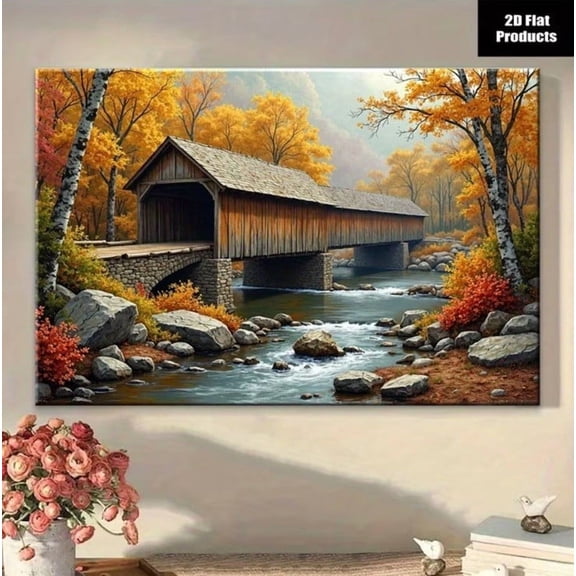 Autumn Covered Bridge Wall Art Print, Rustic Fall Decor